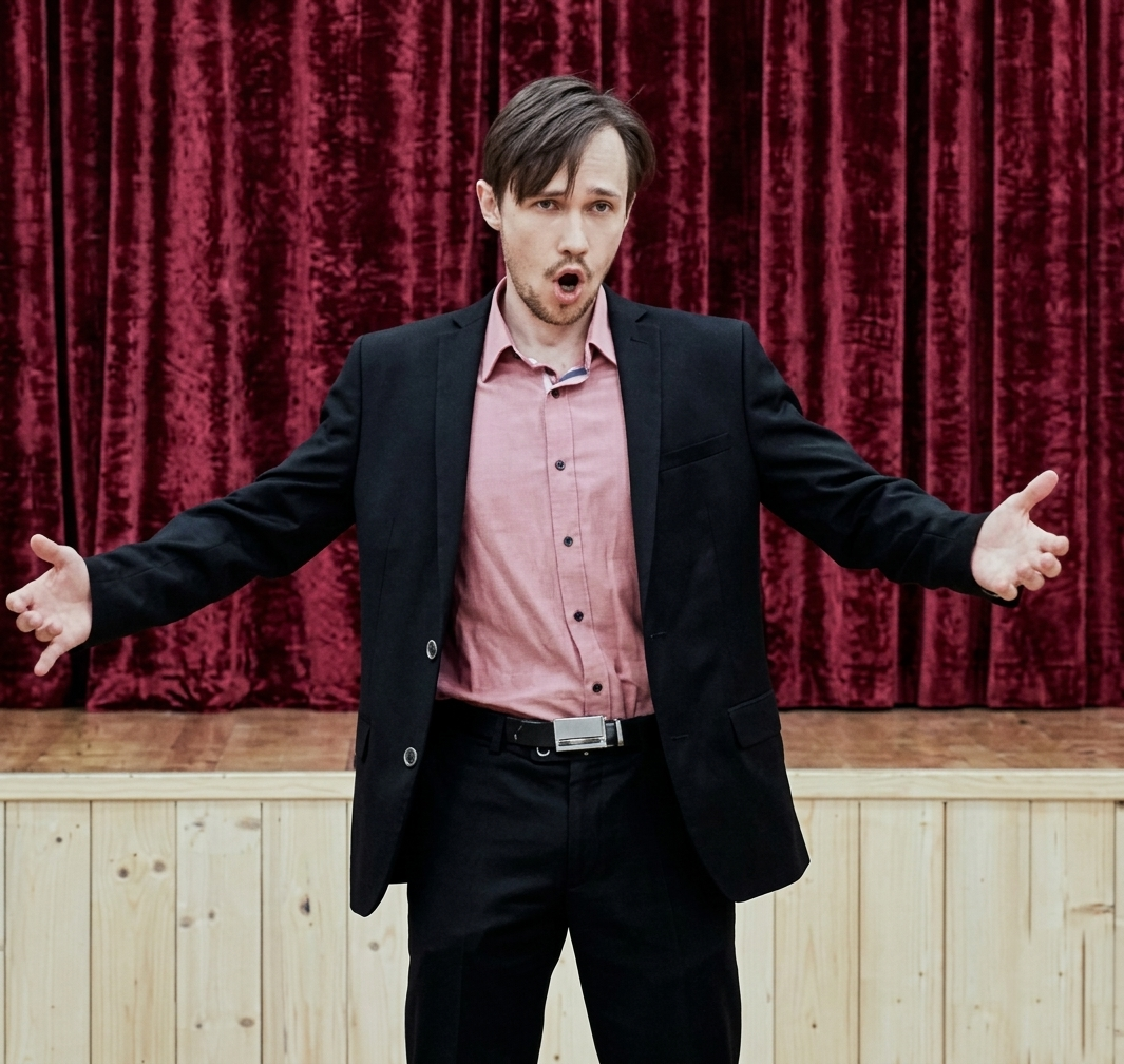 Marius Bytautas mit geöffneten Armen auf der Bühne