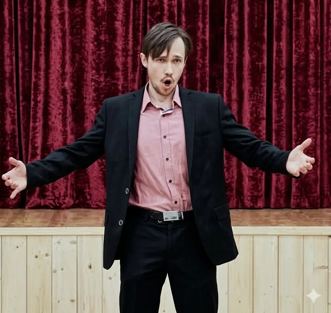 Marius Bytautas performing before a red theatre curtain