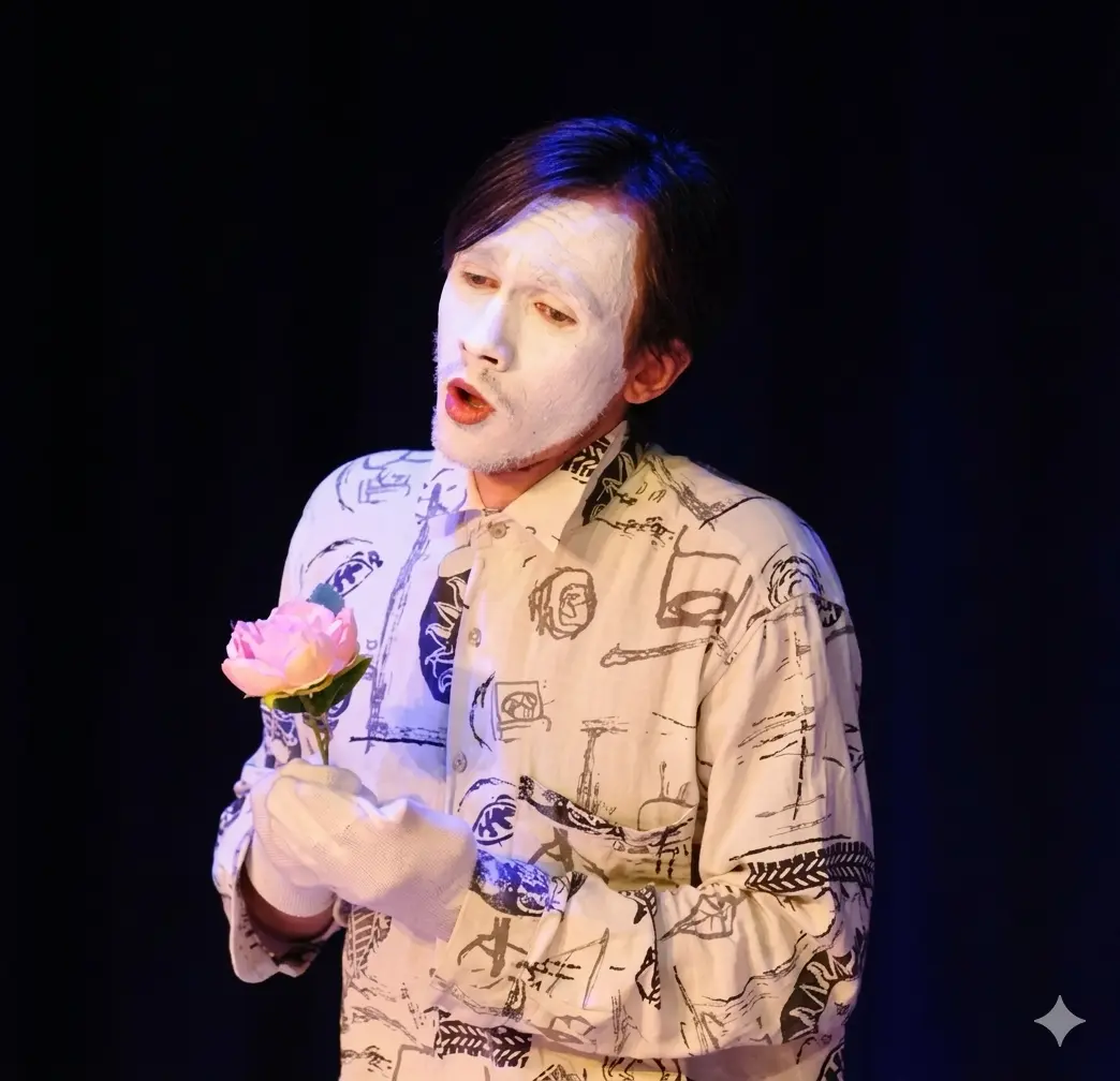 Marius Bytautas in performance holding a rose